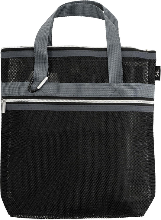 S&T INC. Mesh Shower Caddy, Shower Bag for Dorm Room Essentials, Gym Bag, Camping and More, Two Zippered Pockets, Black and Grey, 10 Inches x 10 Inches