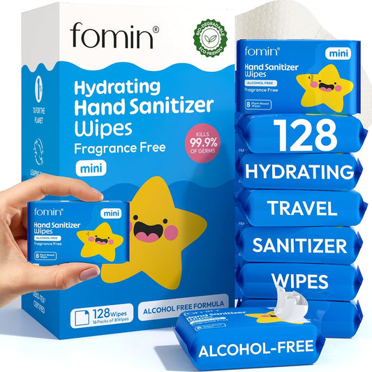 Fomin Mini Hand Sanitizer Wipes 16 Pack (8 Count) - Fragrance Free Mini Wet Wipe - pH Balanced, Biodegradable, Antibacterial On The Go Hand Sanitizing Wipes - Hypoallergenic, Plant-Based Travel Wipe