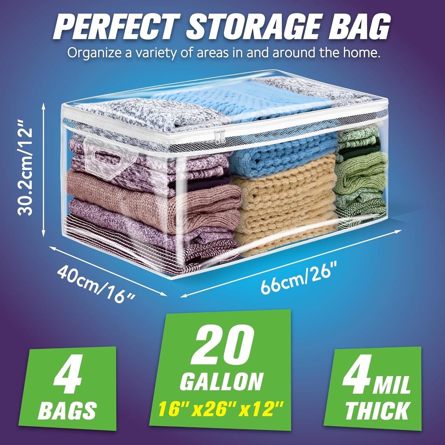 HIBAG 20 Gallon Large Storage Bag for Clothes, Zipper Clothing Storage Bag, Clear Organizer with Reinforced Handles, for Comforters Blankets Pillows Bedding (4 Pack)