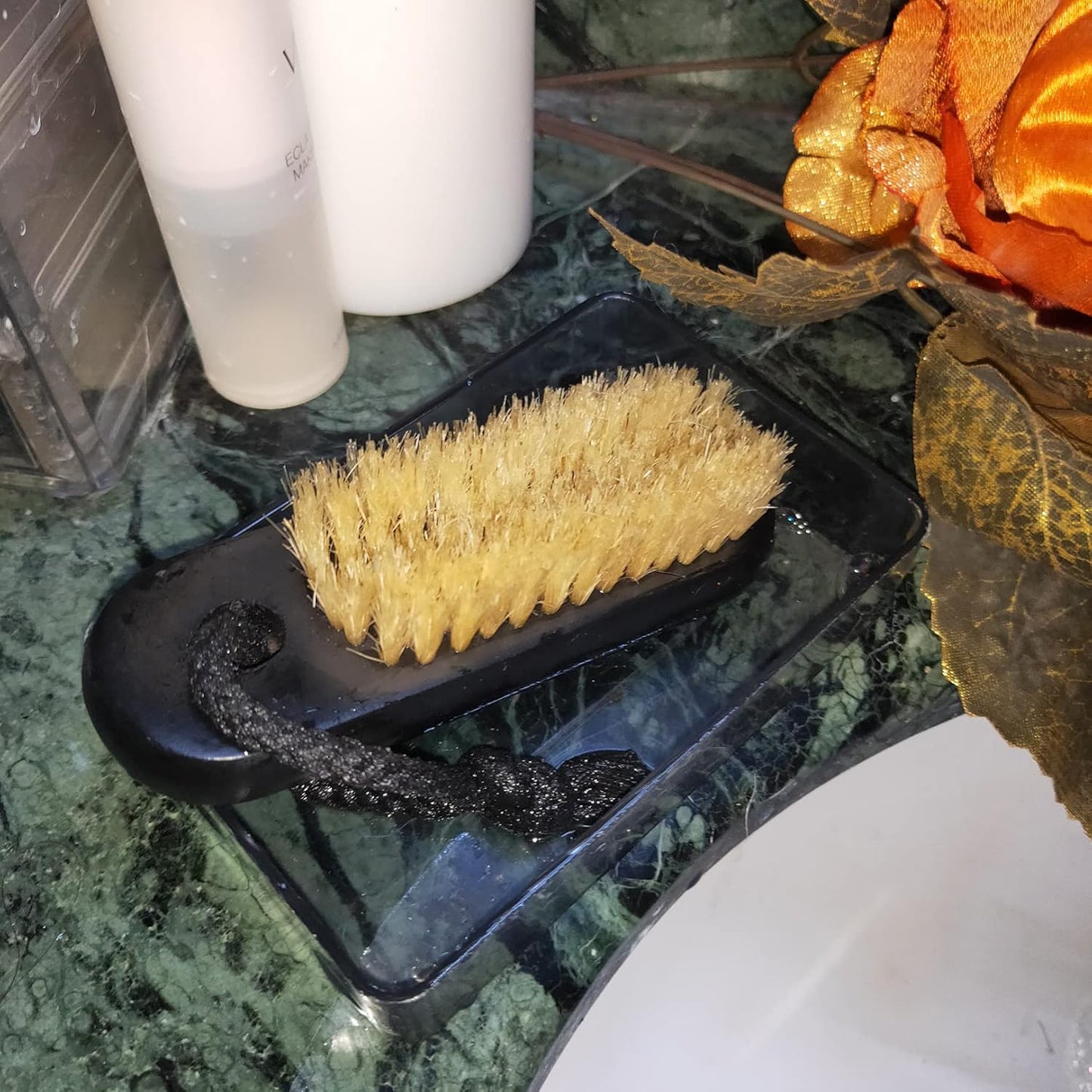 Coralpearl Wooden Nail Brush Cleaner Black X 1 in 100% Natural Boar Bristle for Cleaning Hand Finger Foot Toe, Fingernail Toenail Scrub Brush for Men Women Kids Manicure Pedicure Care (with Rope)