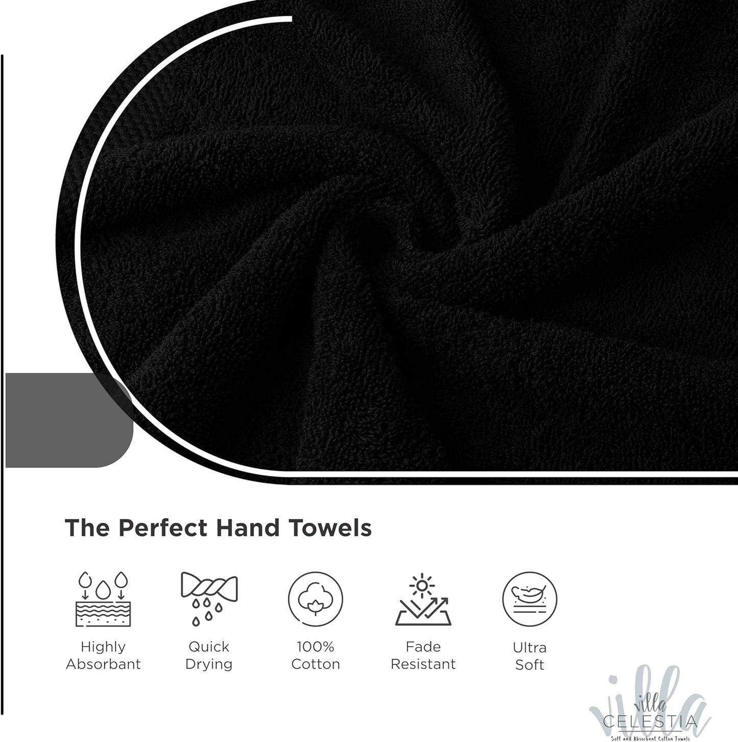 100% Cotton Hand Towel Set of 4, (16 x 28 inches) Sustainable, Soft, Highly Absorbent, Quick Drying, Combed Cotton Hand Towels Pack of 4 Ideal for Hotels, Spa, Bathroom, Dorm, Black