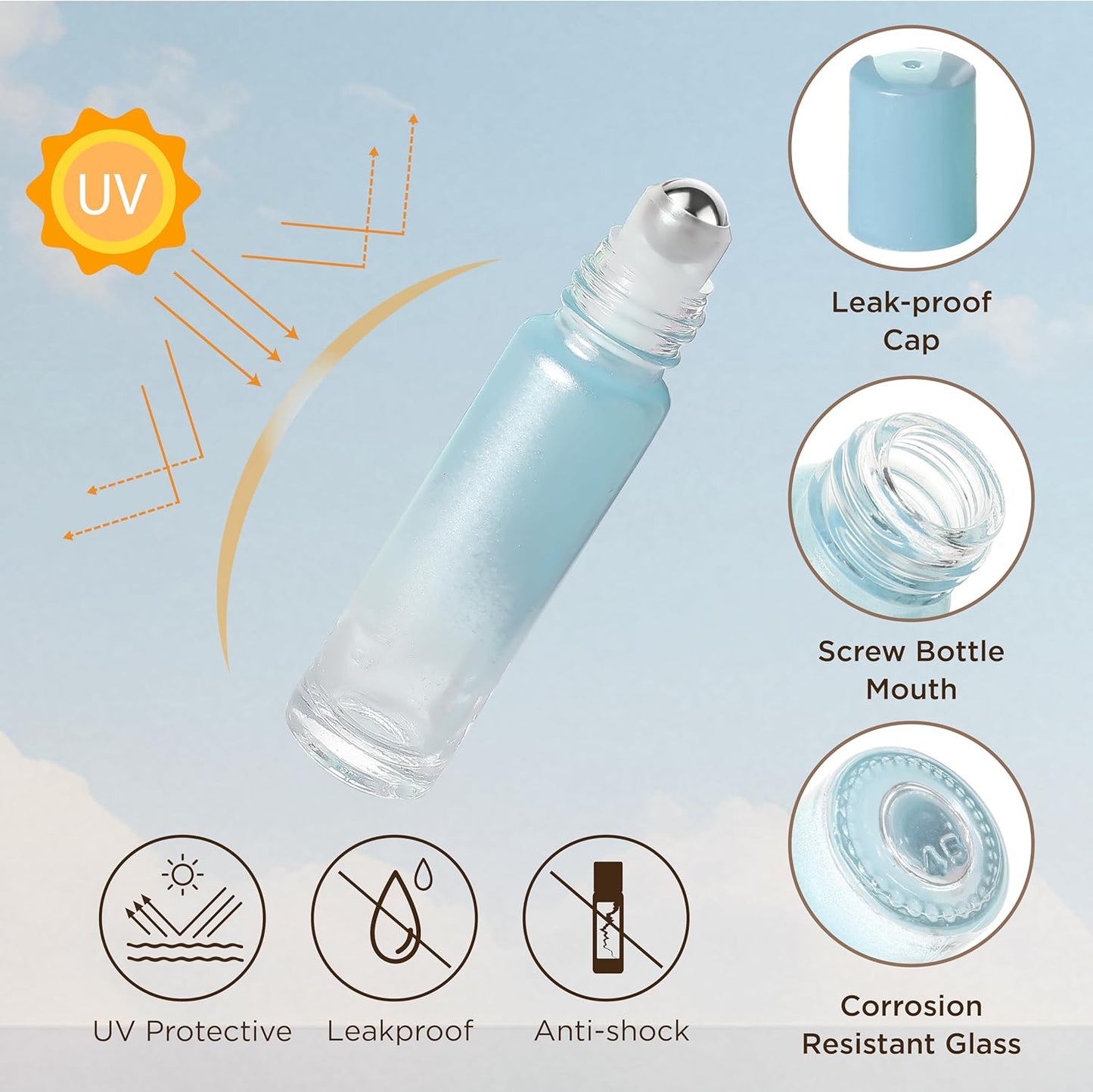 Essential Oil Roller Bottles, 10ml Thick Glass Perfume Roller Bottles with Funnel Opener and Dropper Colored Glass Empty Bottles with Stainless Steel Roller Balls (Blue, 4 Pack)