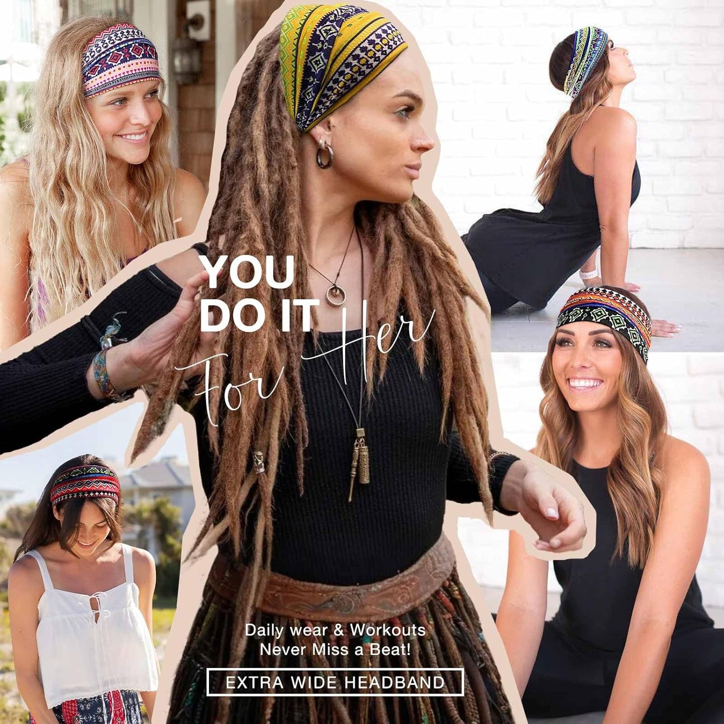 Wide Headbands for Women Knotted No Slip Head Bands Soft Turban Headband Hair Accessories Boho African Solid Color Head Wraps for Women Yoga Workout Pack of 6 (Retro)