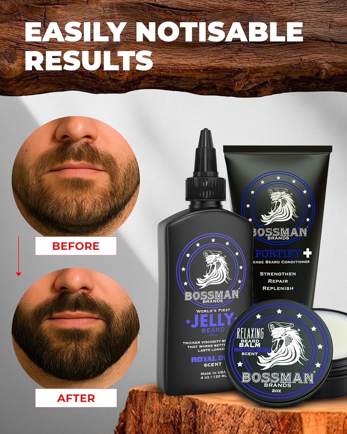 Bossman Essentials Beard Kit for Men, Set of 3 - Beard Oil Jelly, Fortifying Conditioner Cream, Beard Balm - Grooming Growth Care Accessories - Gift Set for Men (Gold)