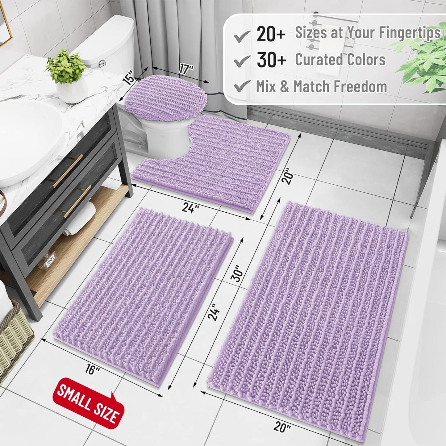 Arotive Luxury Chenille Bathroom Rug Mat, Extra Soft Thick Absorbent Shaggy Bath Rugs, Non-Slip Machine Wash Dry, Plush Bath Mats for Bathroom, Shower and Tub, 40x24, Light Purple