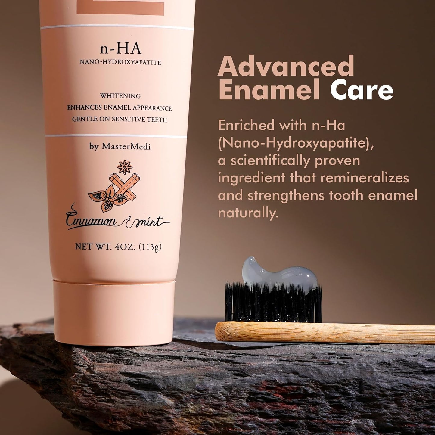 MasterMedi Nano Hydroxyapatite Toothpaste (Inspired by 10% nHA Formulas), Fluoride-Free, Whitening & Sensitivity Relief, Enamel Repair Support, SLS-Free, Xylitol, Mint & Cinnamon 4 Oz (Pack of 1)
