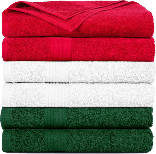 Ample Decor Hand Towel for Bathroom 100% Cotton 18 X 28 Inch 600 GSM Soft - 6 pcs White, Red & Green