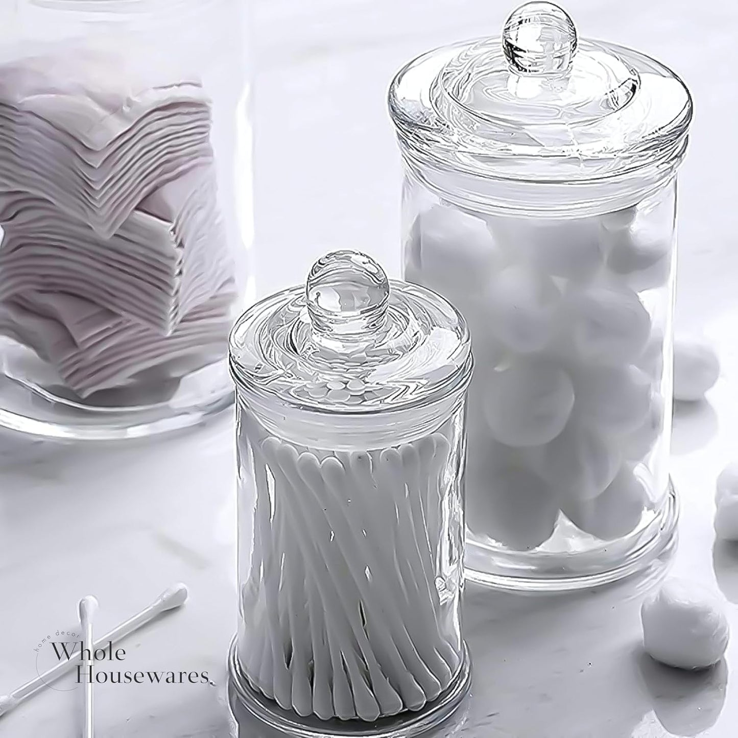 Whole Housewares - Set of 3 Bathroom Canisters - Storage Container Jars - Premium Glass Apothecary Jars with Lids - Small Glass Jar for Kitchen or Bathroom Storage - Decorative Crystal Containers
