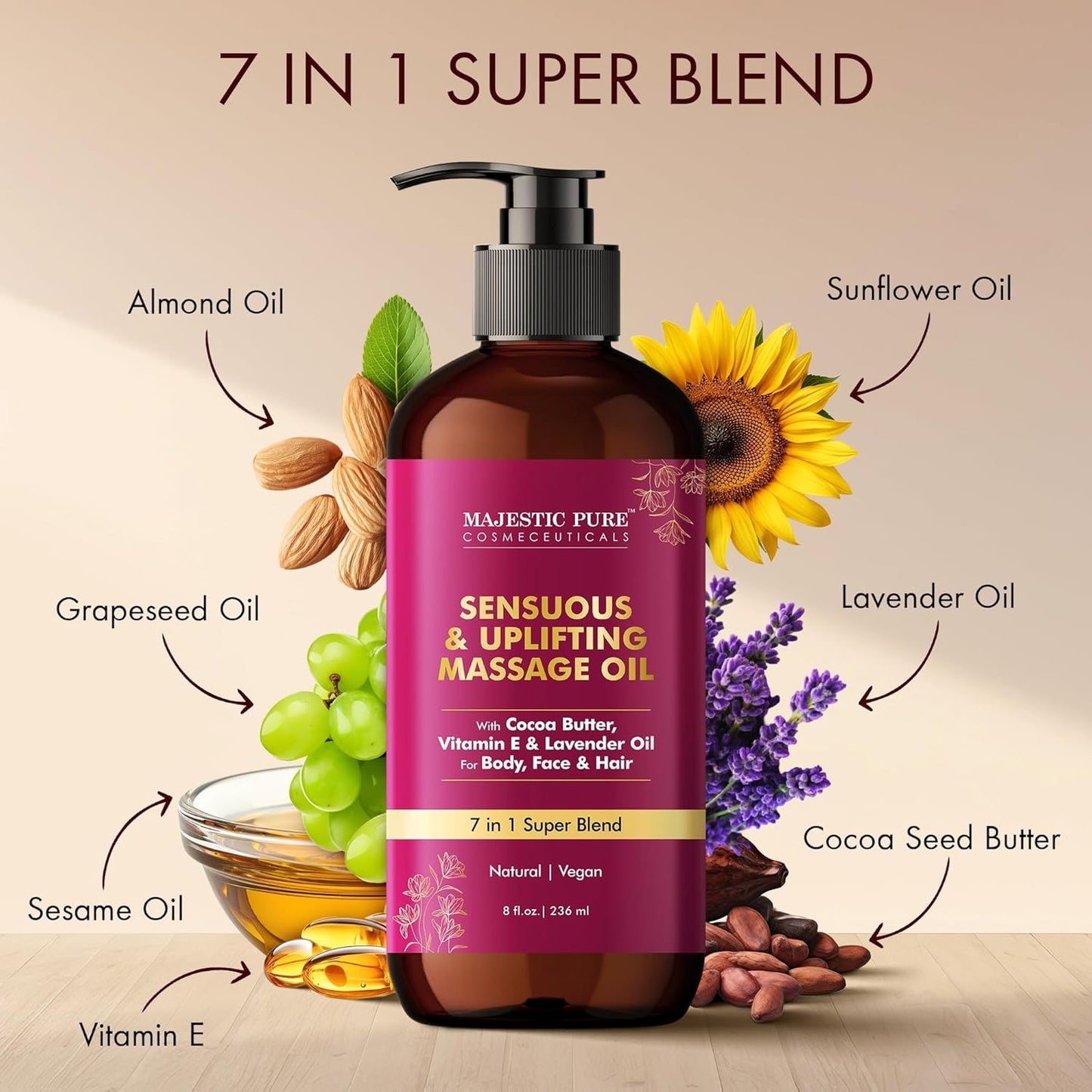 MAJESTIC PURE Cocoa Massage Oil for Massage Therapy - Refreshing, and Relaxing - Natural Oils with Cocoa Butter, Vitamin E & Lavender Oil - for All Skin Types - Men and Women - 8 fl oz