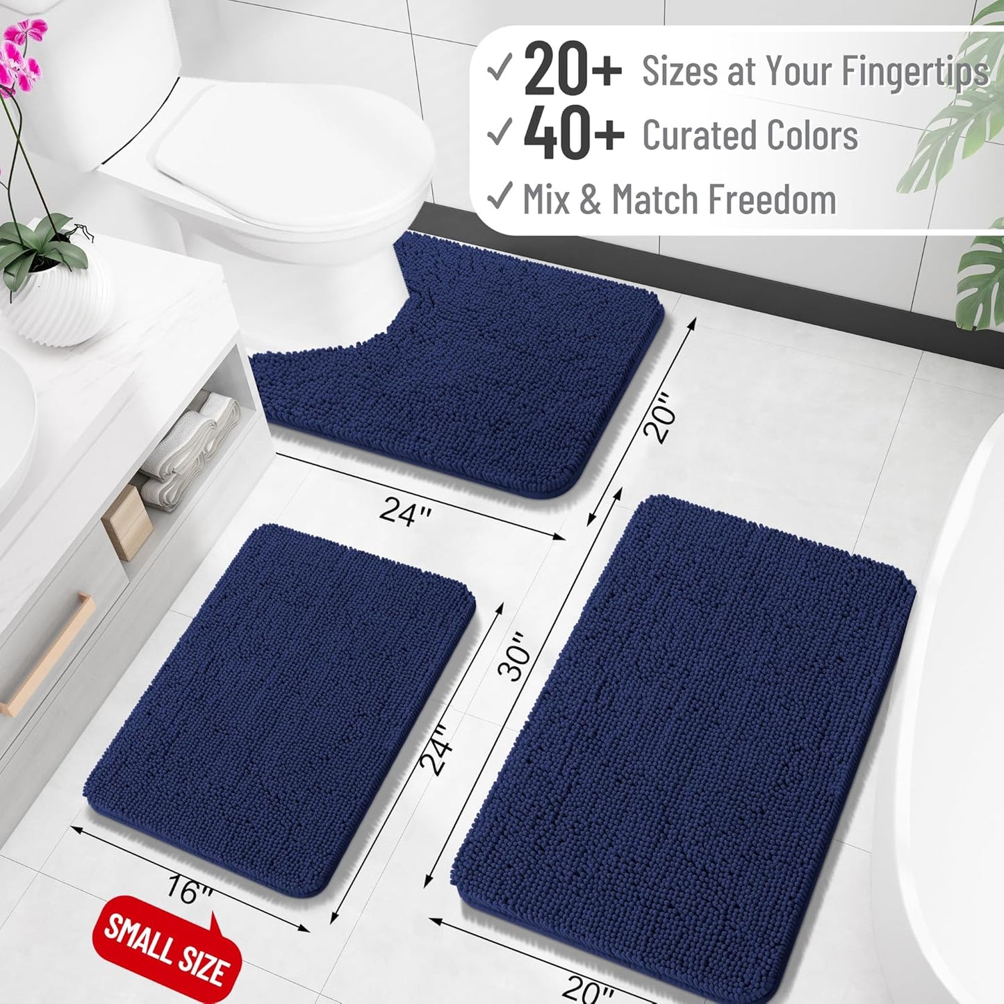 OLANLY Bathroom Rugs 24x16, Extra Soft Absorbent Chenille Bath Rugs, Rubber Backing Quick Dry, Machine Washable Bath Mats for Bathroom Floor, Tub and Shower, Home Decor Accessories, Twilight Sapphire