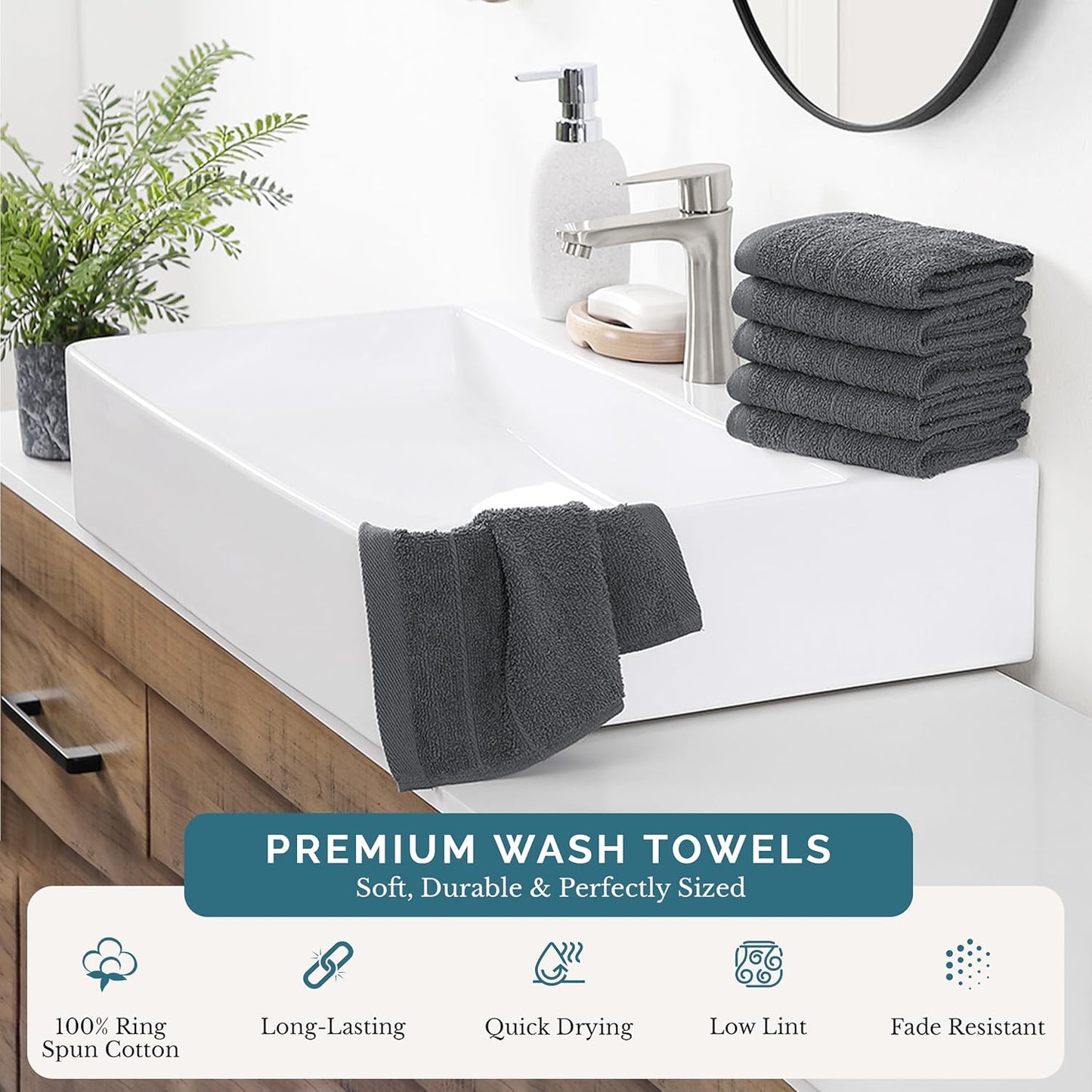 Casa Platino Wash Cloths Set of 6 - Spa & Salon Quality - 100% Ring Spun Cotton Face Towels - Soft & Ultra Absorbent Washcloths for Body, Beauty, Home, Gym - Fingertip Towels - 13"x13", Cool Grey