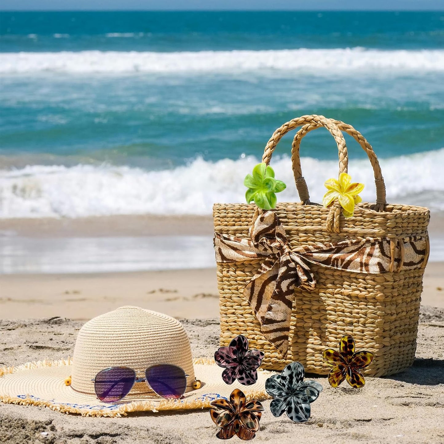 Flower Hair Claw Clips for Women, 6 Pack Hawaiian Flower Hair Clips, Large Leopard-prints Claw Clips for Thick Thin Hair, Summer Beach Hair Accessories for Women Girls (LP-6 Colors)