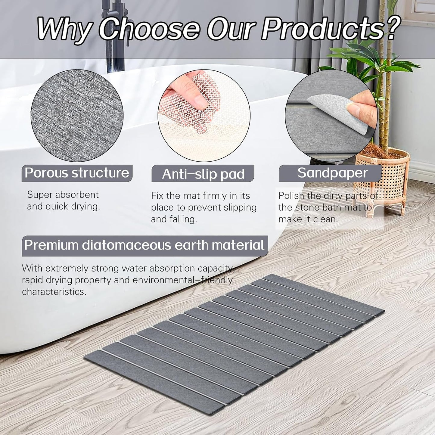 2 Pack Foldable Stone Bath Mats, Gray Super Absorbent Diatomaceous Earth Bath Rug, Non-Slip Shower Mat, Quick-Drying Bath Rug and Drying Mat for Tub and Shower
