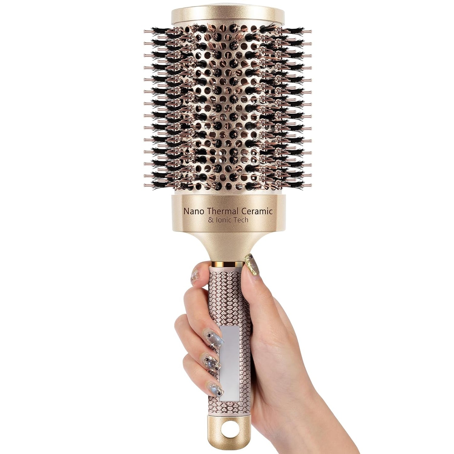 SIMPOR Large Round Brush for Blow Out, Nano Thermal Ceramic & Ionic Tech Round Barrel Hair Brush with Boar Bristles, Roller for Blow Drying (Gold, 4 inch, Barrel 2.7 Inch, 65mm)