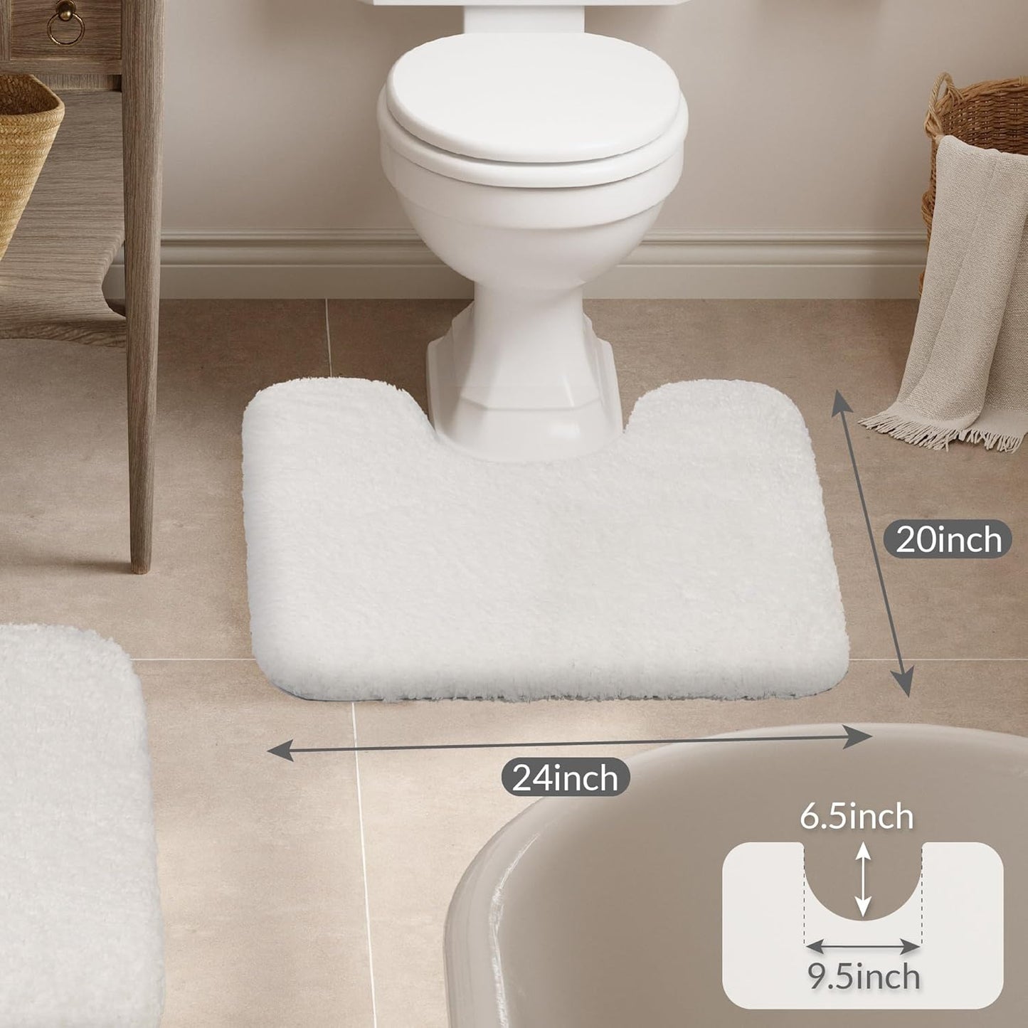 Walensee Bathroom Contour Rug (20x24, Ivory) Non Slip Bath Mat Water Absorbent Soft Microfiber Shaggy Bathroom Mat Machine Washable Bath Rug U Shape Toilet Rug