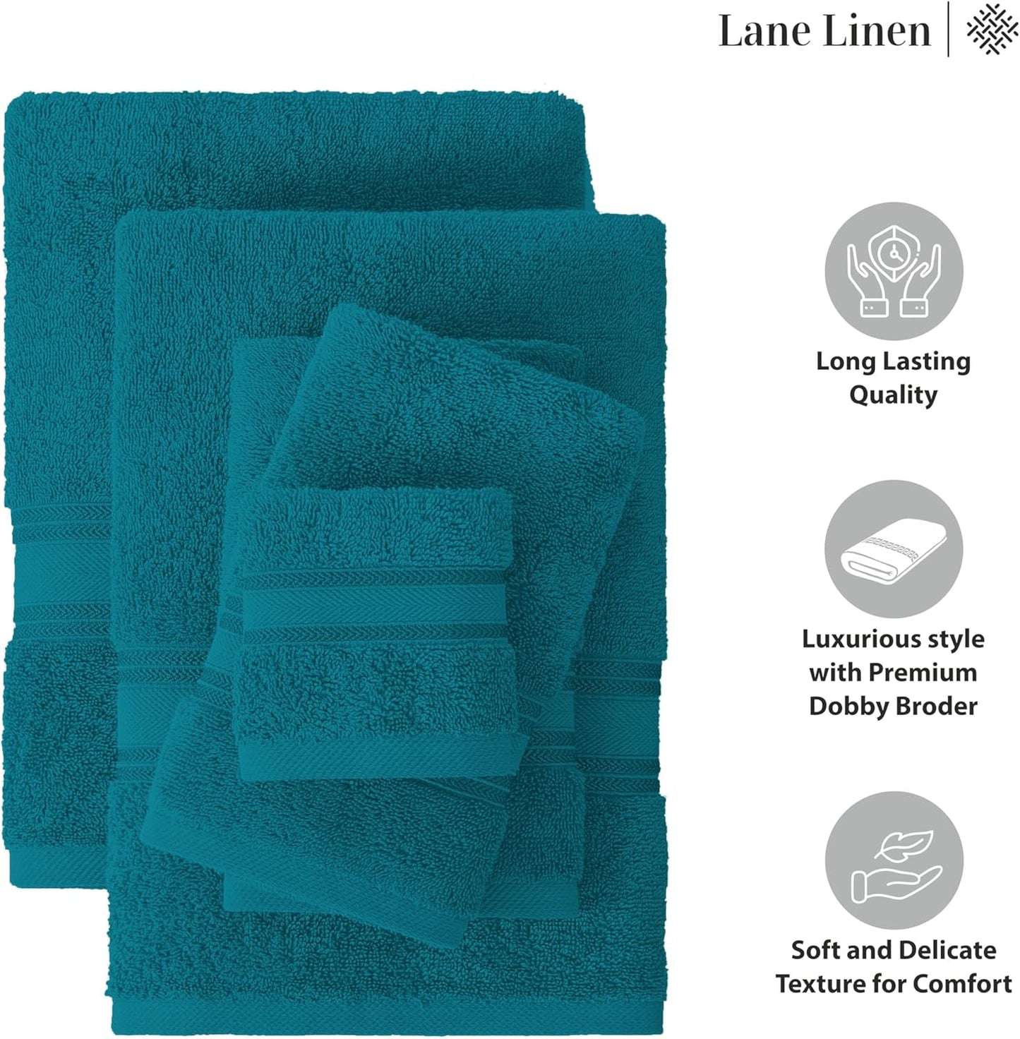 LANE LINEN Luxury 6-Piece Bath Towel Set - 100% Cotton, Quick-Dry, Super Absorbent, Zero Twist - Includes 2 Bath Towels, 2 Hand Towels, 2 Washcloths - Sea Port