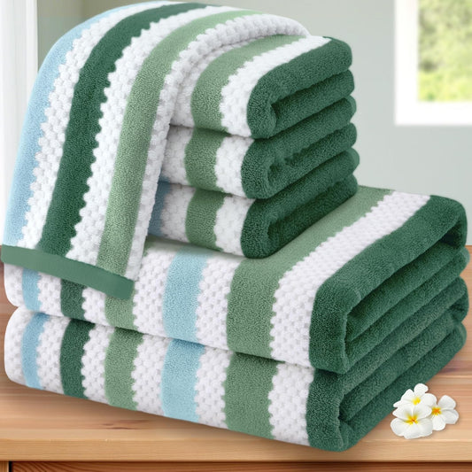 Green and White Towels - 100% Cotton | Quick Dry | Soft | Absorbent, Bath Towels Set of 6, 2 Bath 28"x52", 4 Hand 16"x27", Towels with Hanging Loop, Waffle Towels Set for Bathroom, Stripe + Checkered