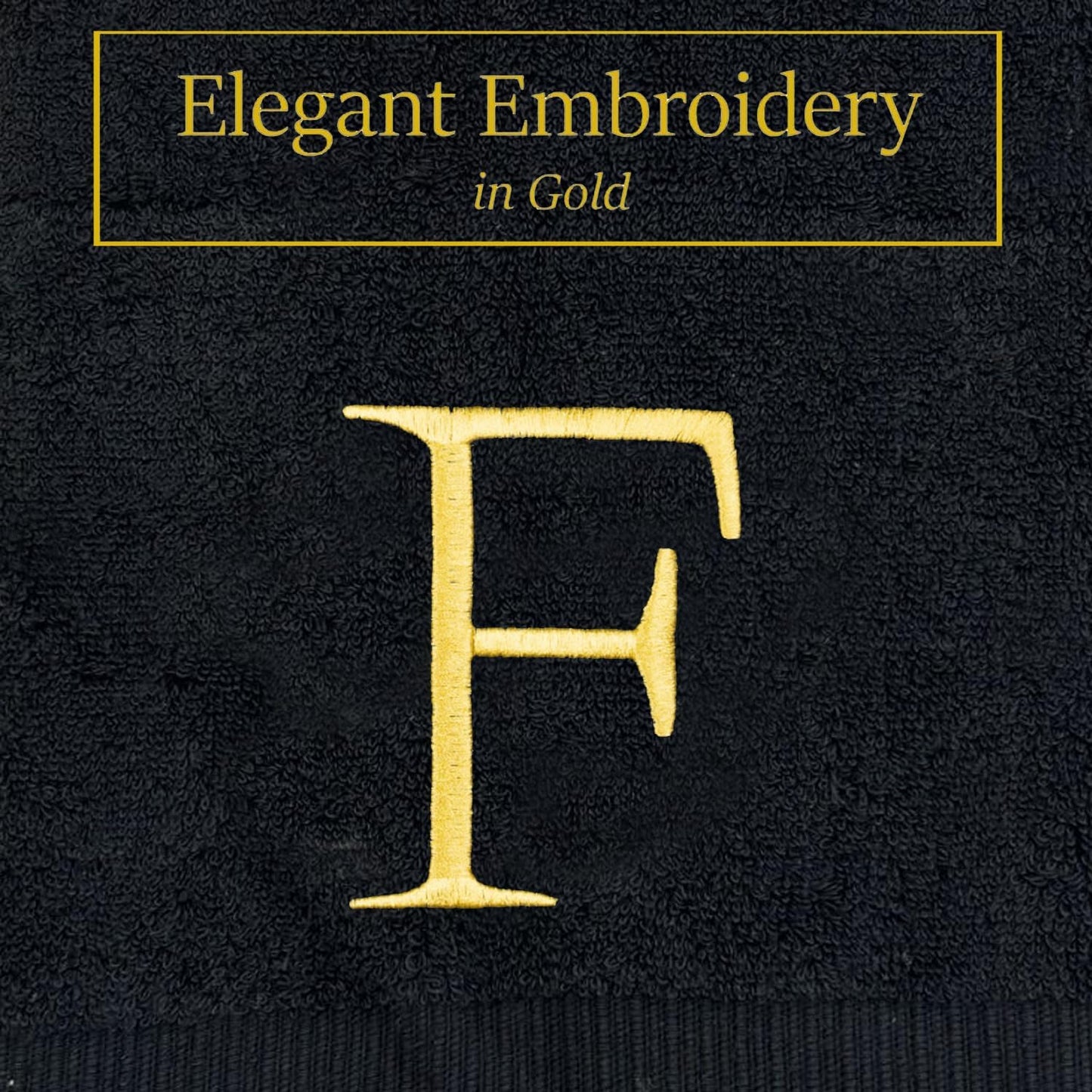 Black Monogrammed Hand Towel for Bathroom - Initial Hotel Quality Decorative Embroidered Luxury Towel for Powder Room, Spa - GOTS Organic Certified - Pack of 2 - Letter F