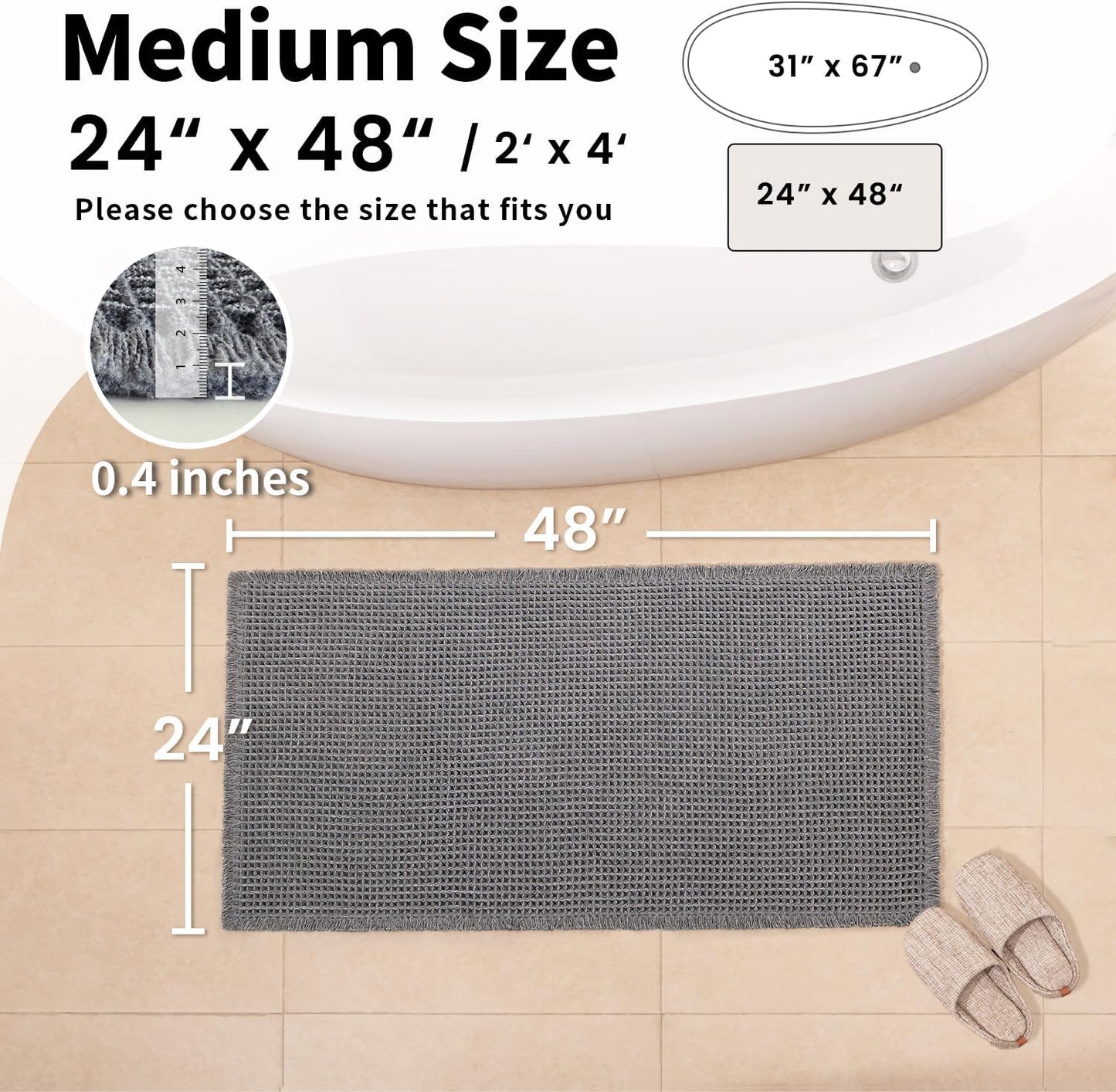 Waffle Bath Mat - Boho Bathroom Rugs Non Slip Washable, Super Absorbent & Quick Dry, Soft Bath Mat Farmhouse Bathroom Decor, 24'' x 48'', Dark Grey