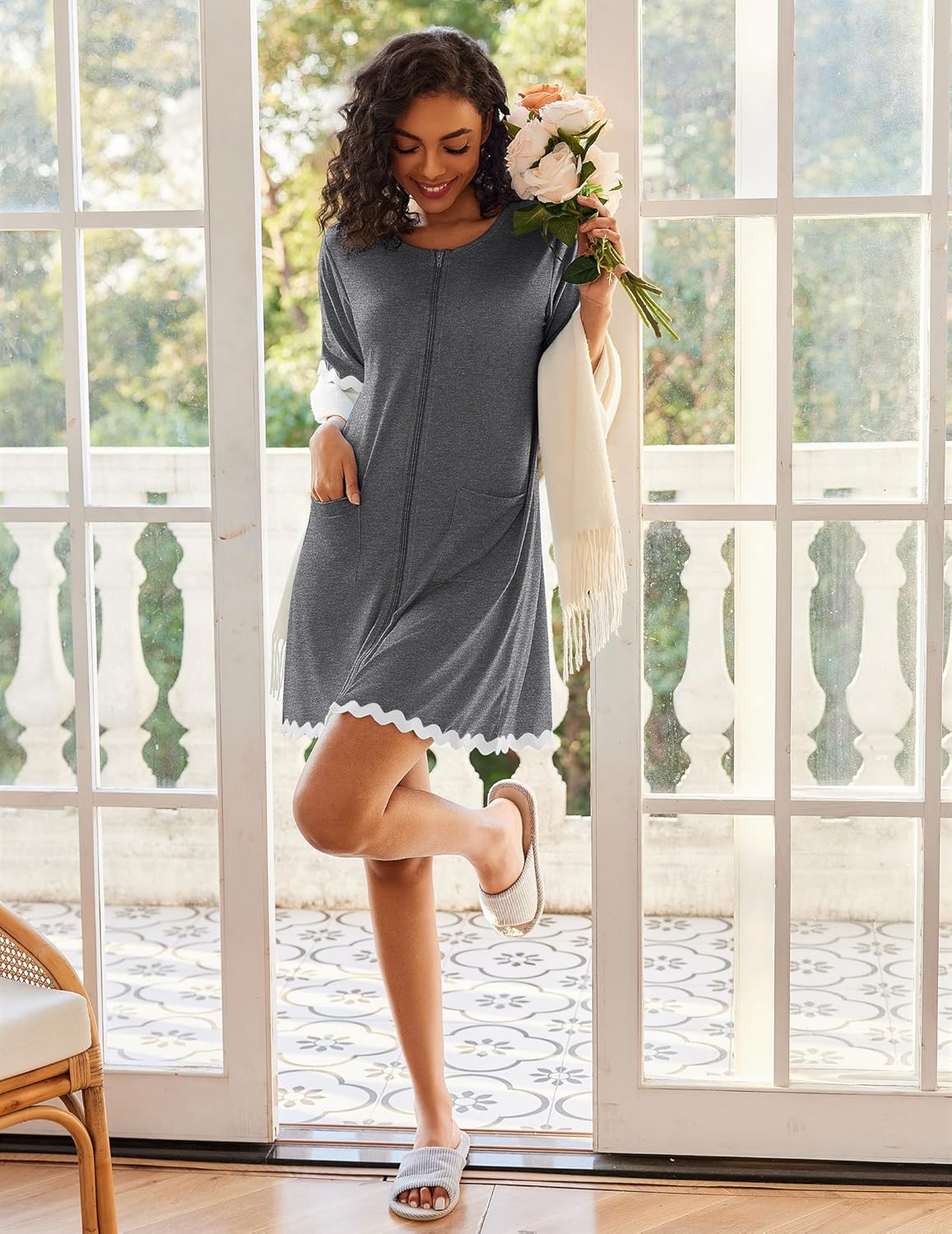 Ekouaer Women Zip Up Robe Lightweight Housecoats with Pockets Knee Length Short Bathrobes Soft Nightgown S-3XL