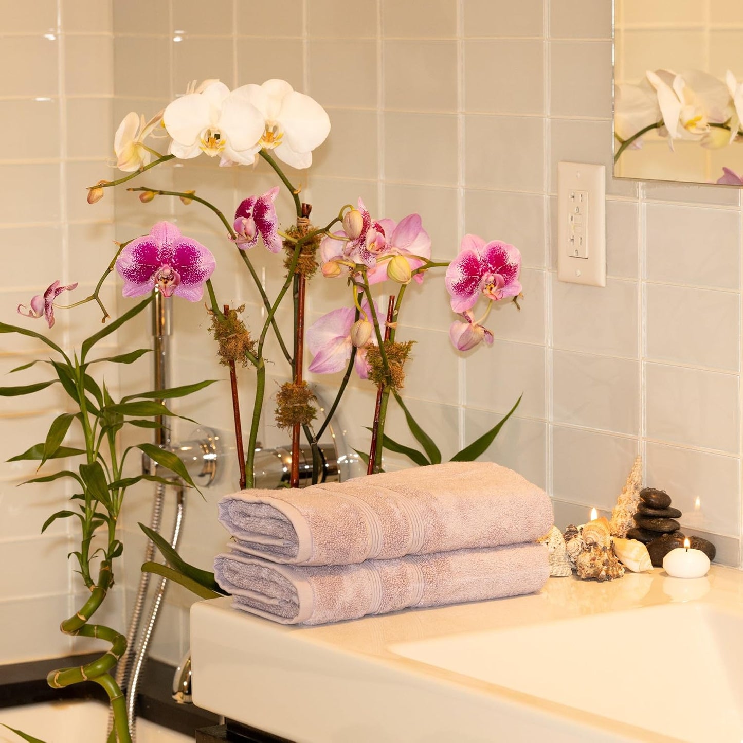 Mosobam Luxury Turkish Set of 2 Hand Towels 16X30 Lavender Aura 700 GSM Bamboo Viscose & Aegean Turkish Combed Cotton