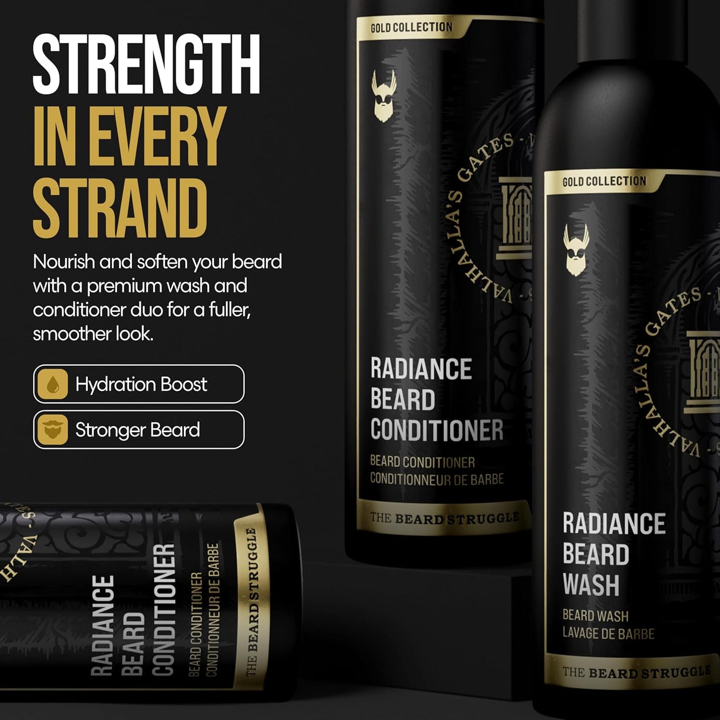 The Beard Struggle - Radiance Beard Wash & Conditioner Bundle - Gold Collection - Pack of 2, Valhalla's Gates - Nourish, Cleanse, Softens, & Strengthens Beard - Beard Wash and Conditioner for Men