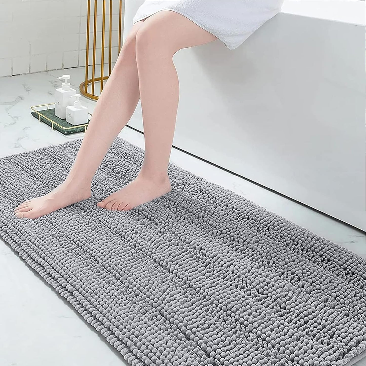 Grandaily Chenille Striped Bathroom Rugs 70x24, Extra Thick and Absorbent Bath Mats, Non-Slip Soft Plush Shaggy Shower Carpet, Machine Wash Dry, Bath Rug for Bathroom, Light Grey