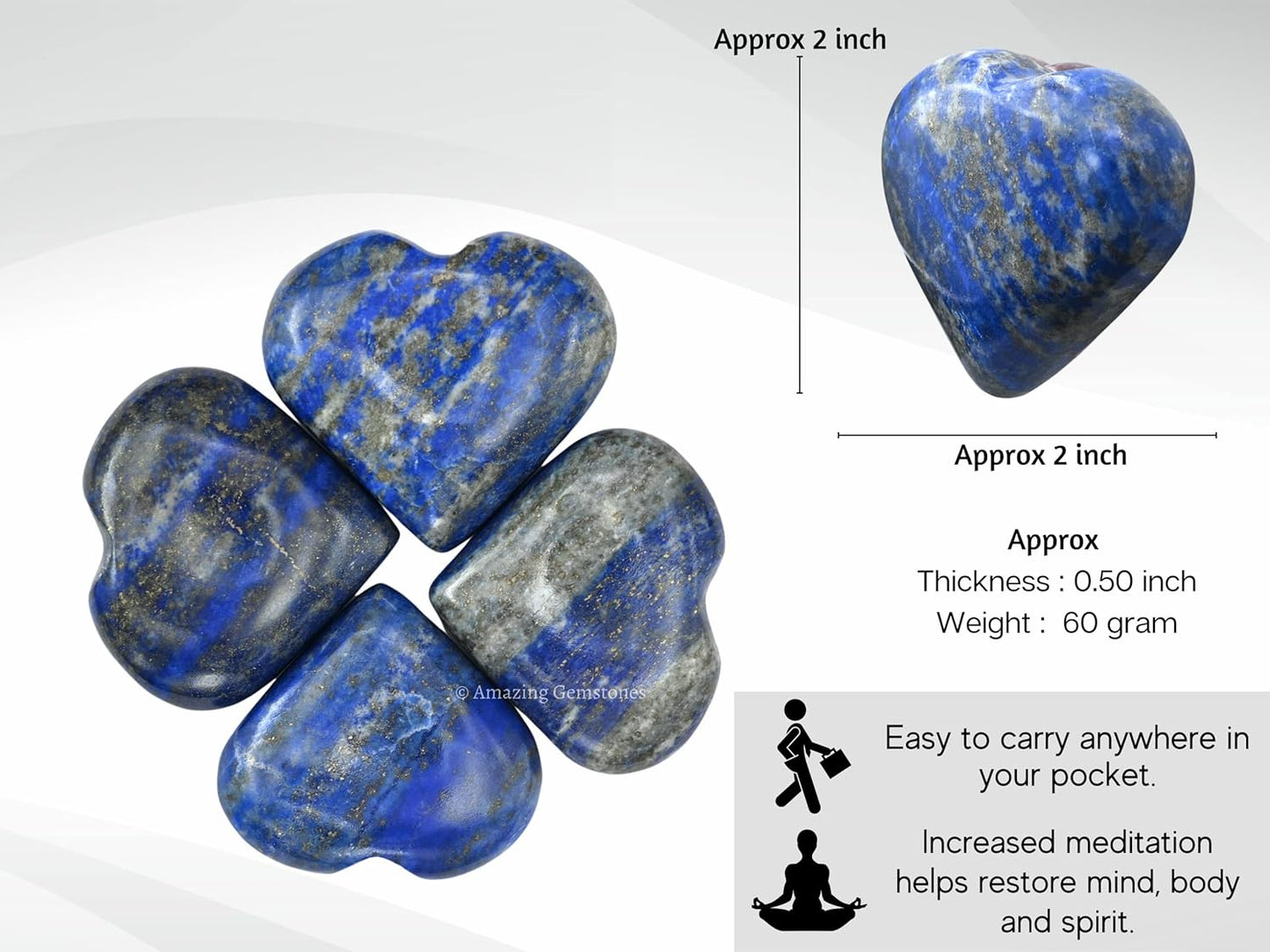 Amazing Gemstone Lapis Lazuli Crystal Heart Palm Stone - Pocket Massage Worry Stone for Natural Body Chakra Balancing, Reiki Healing and Crystal Grid