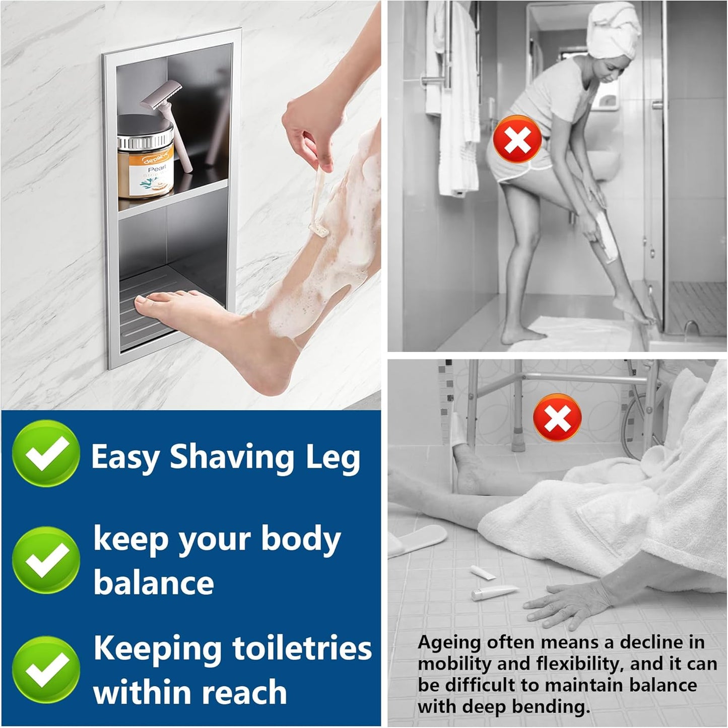 Shower Foot Rest for Shaving Legs, 304 Stainless Steel Footrest Niche With Holder, Recessed Shower Niche, Brushed Nickel, 5.9" X 12.3"