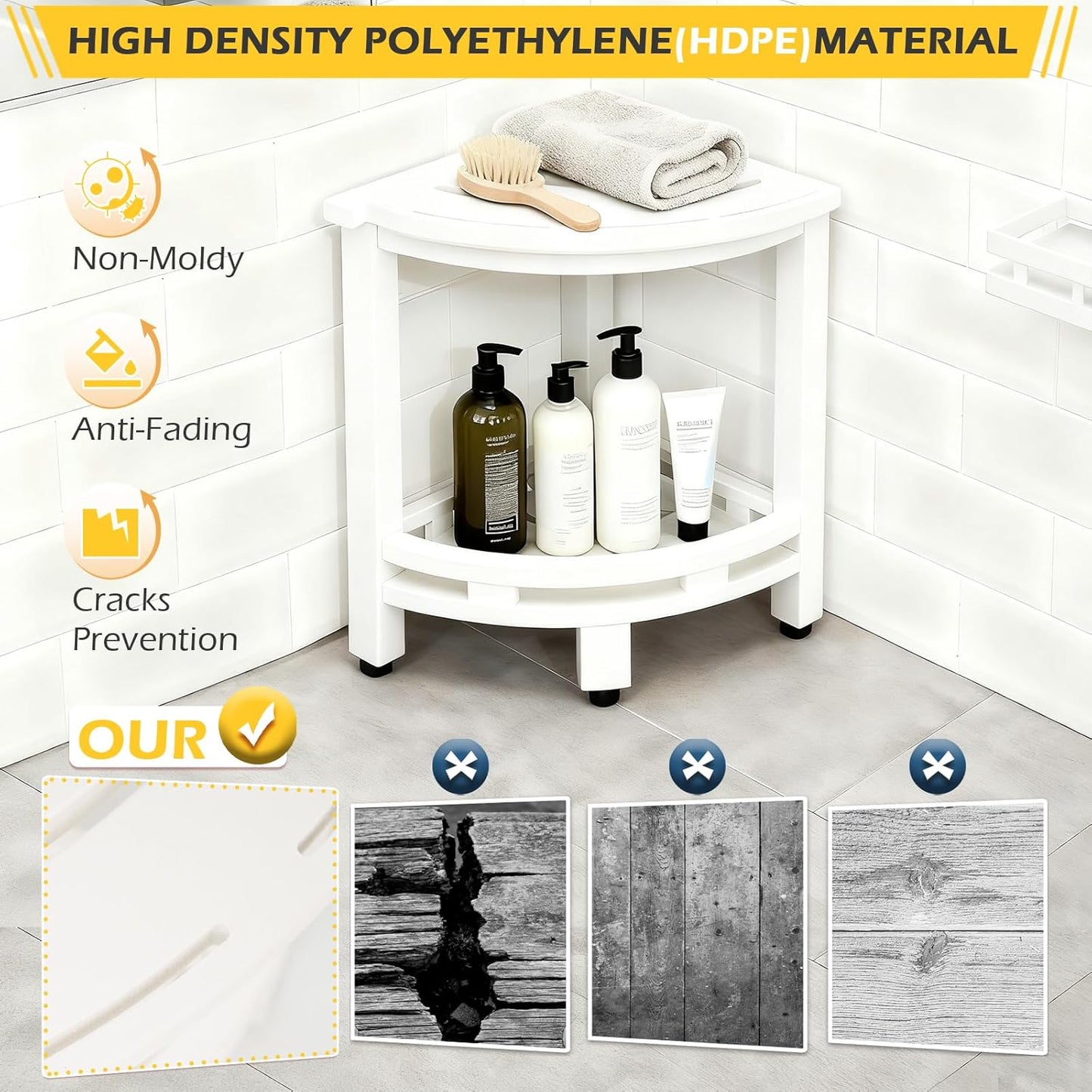 HDPE Corner Shower Stool for Shaving Legs, Waterproof Shower Stool with Storage Shelf for Bathroom,White