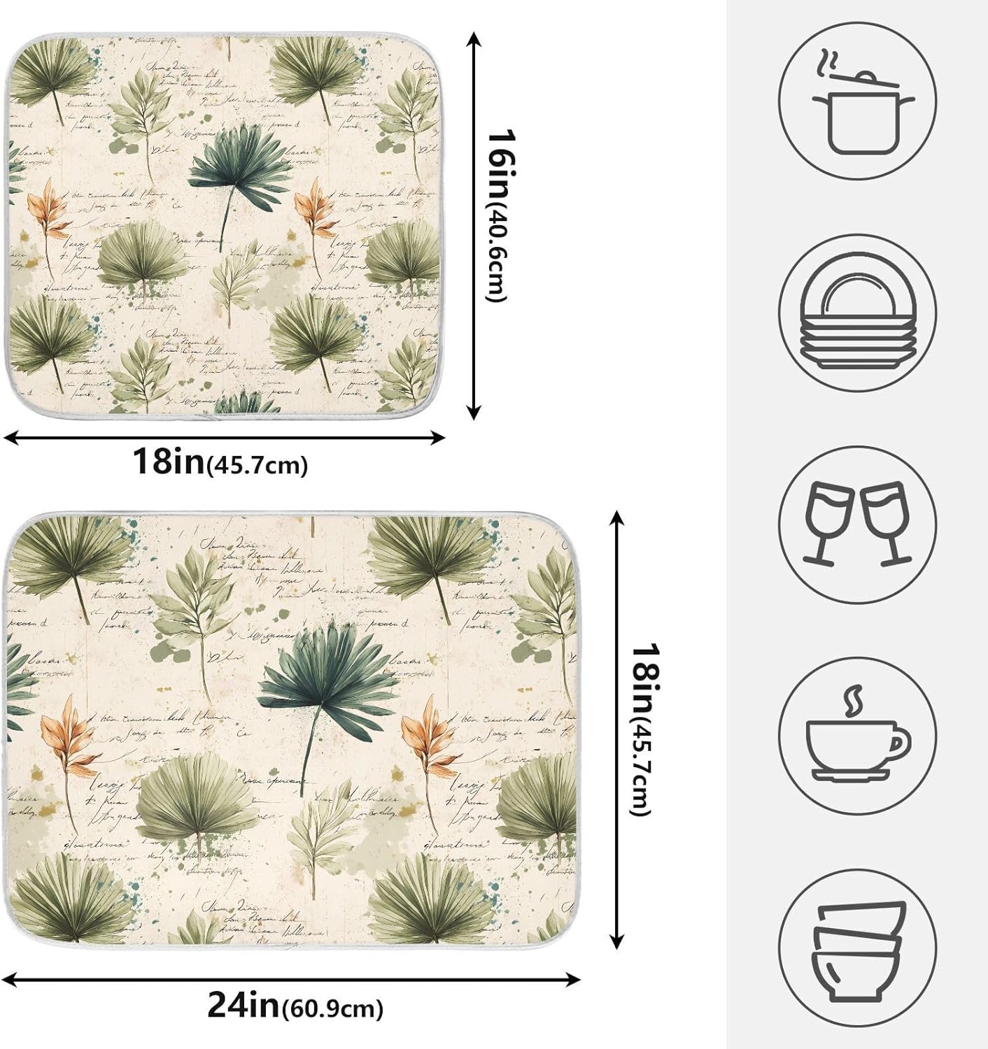 Palm Leaves Vintage Leaf Dish Drying Mats for Kitchen Counter Absorbent Microfiber Dish Drying Matt 16 x 18 Inch Draining Reusable Rack Pad