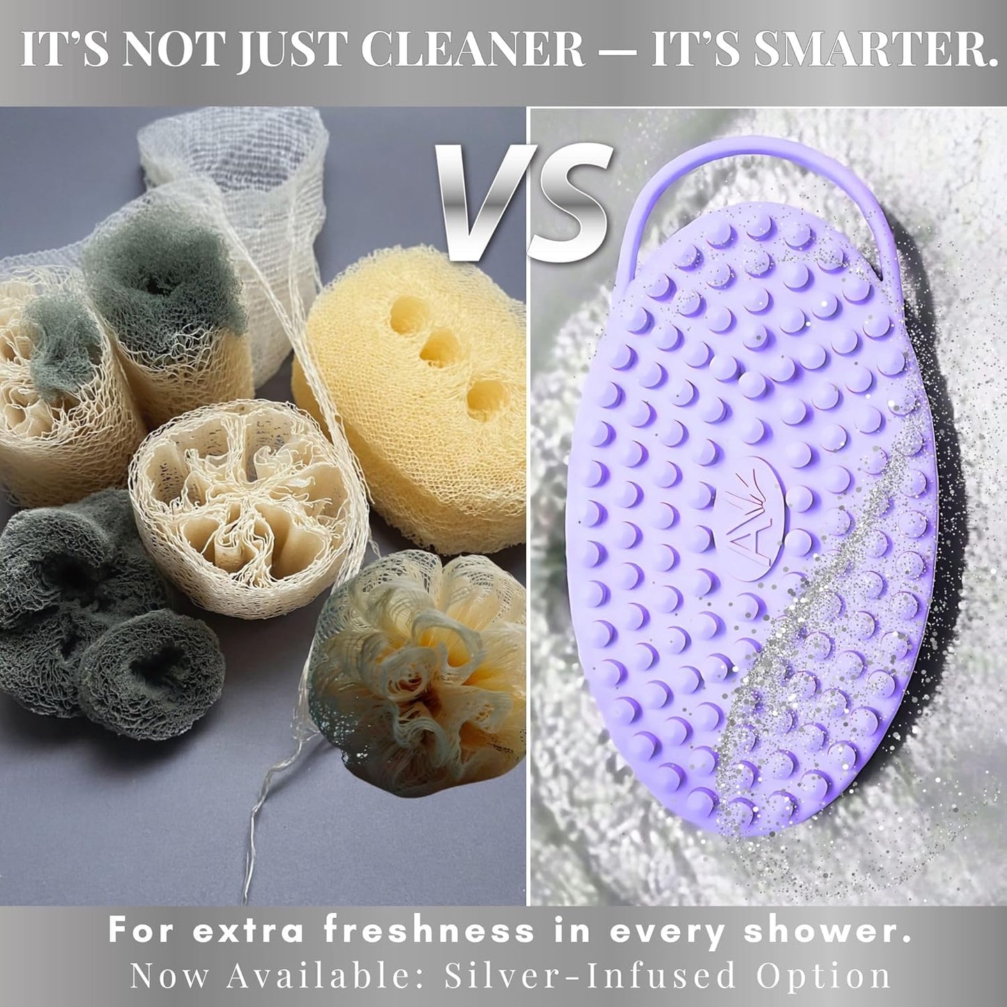 Avilana Silicone Body Scrubber - Food Grade & Lab Tested, Gentle Exfoliating Shower Brush for All Skin Types, Hygienic Quick-Dry Loofah Alternative (Green, Massage-Silver)