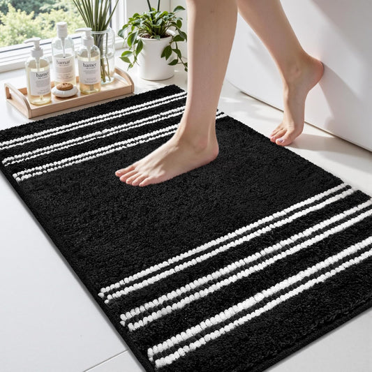 Bathroom Rugs 24x36 Extra Soft Absorbent Bath Mat Chenille Non Slip Shower Mat Rubber Backing Machine Washable Bath Mats for Bathroom Shaggy Black Bath Rugs for Tub, Hallway
