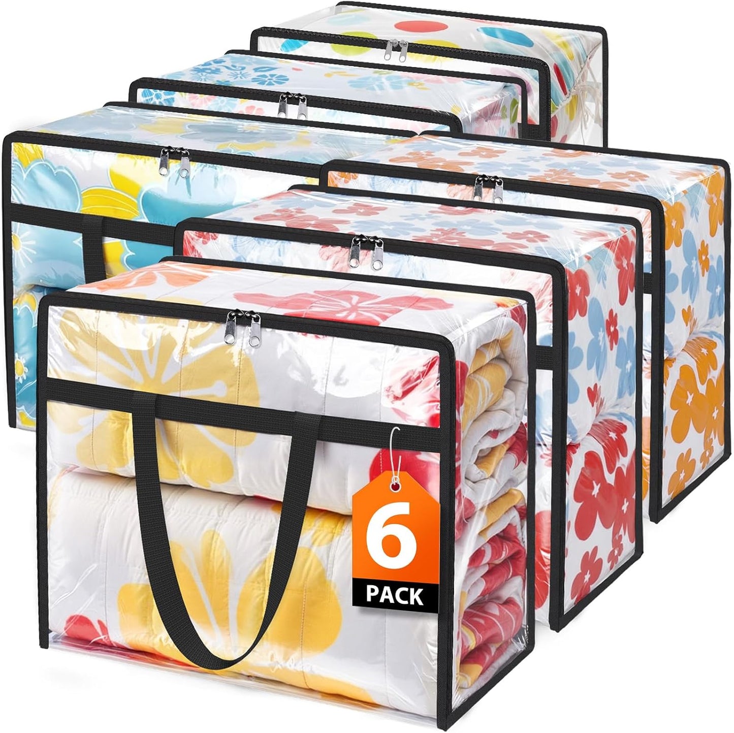 Clear Clothes Storage Bags, 6 Pack Closet Organizers and Under Bed Storage Containers, Foldable Moving Bags with Zippers for Comforter, Blanket, Bedding, Duvet, PVC Packing Bags 90L