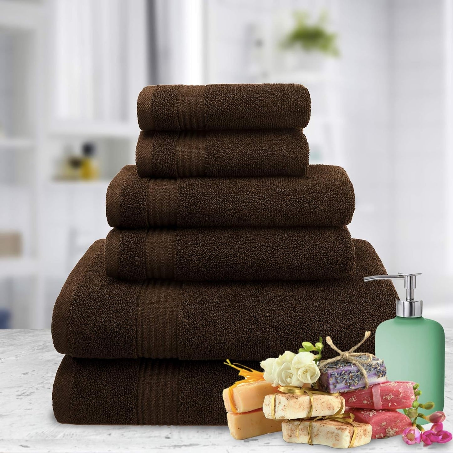 American Veteran Towel, 6 Piece Towel Set for Bathroom, 100% Cotton Turkish Bathroom Towels, 2 Bath Towels 2 Hand Towels 2 Washcloths, Brown