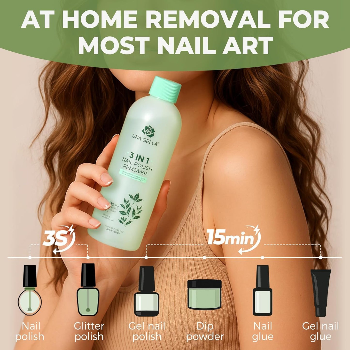 UNA GELLA Nail Polish Remover, Soak Off Acetone Polish Remover For Nails With Easy Use Cap, Healthy Formula Works For Acrylic Nail Glue 8 Fl Oz, Green Tea Scent