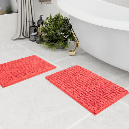 Walensee Bathroom Rug 2 Pieces Set Non Slip Bath Mat (17x24 Plus 20x32 Inch Living Coral) Water Absorbent Super Soft Shaggy Chenille Machine Washable Dry Extra Thick Perfect Carpet for Shower Floor