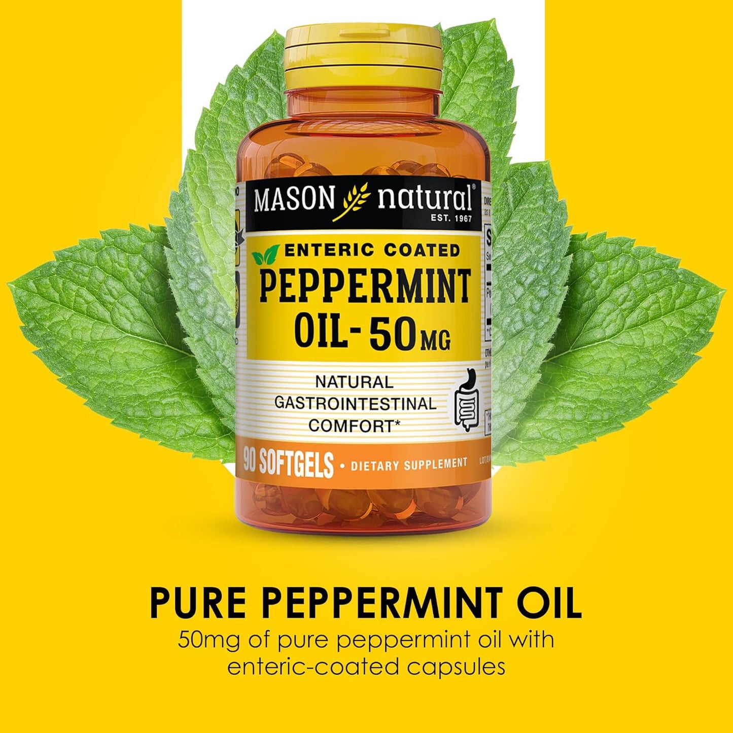 MASON NATURAL Peppermint Oil 50 mg Enteric Coated Supplement, 90 Day Supply of Gastrointestinal Support for Normally Functioning Bowel, Softgel Pills