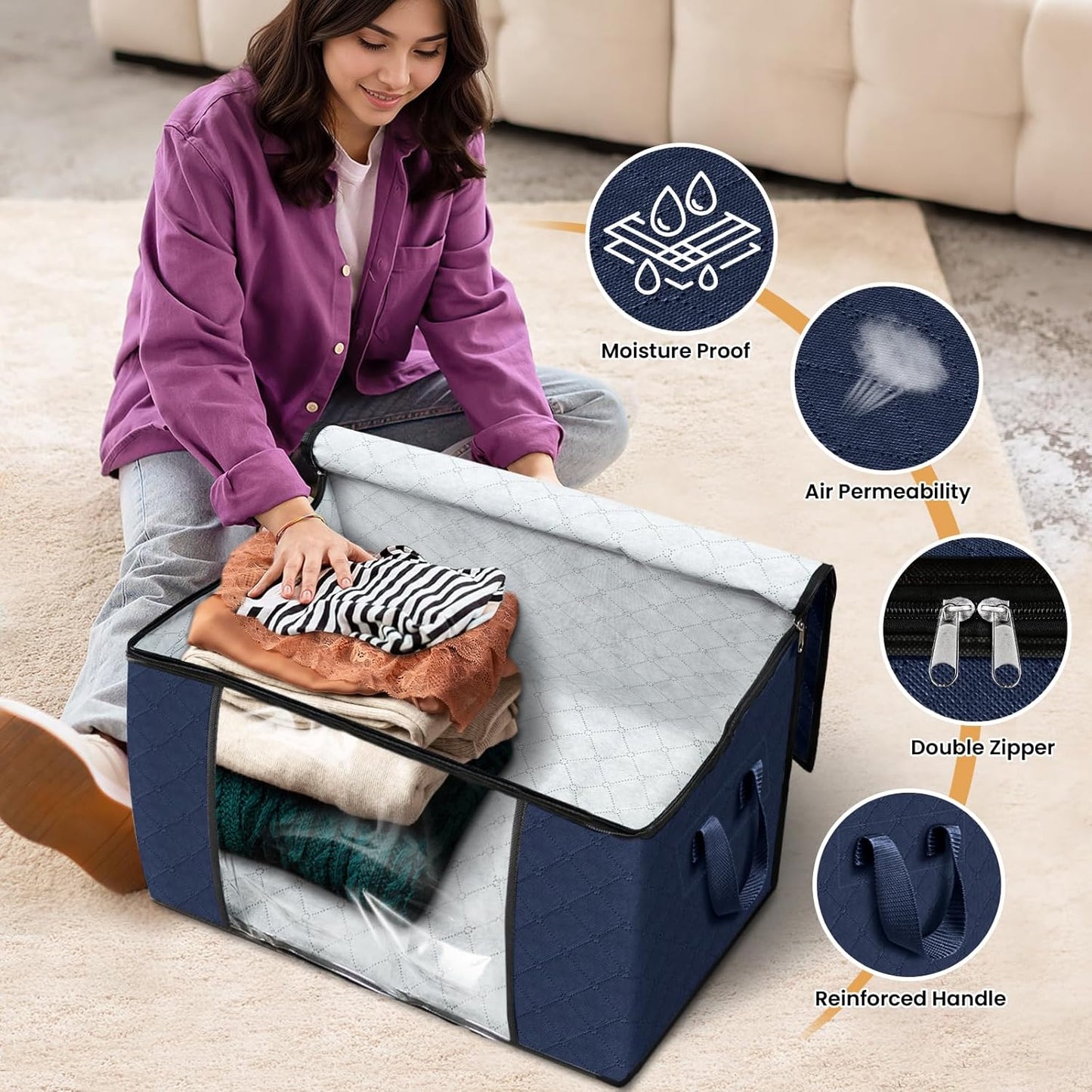 Fab totes 24 Gallons Clothes Storage, Foldable Thick Fabric Blanket Storage Bags, Containers for Organizing Bedroom, Closet, Clothing, Comforter, Organization with Handle (6 Pack,Blue)