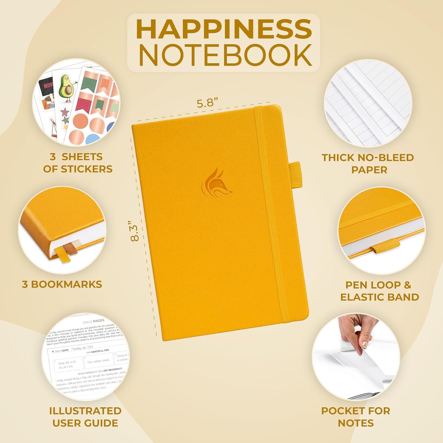 Clever Fox Happiness Notebook – Daily Positivity Journal for Women with Prompts & Positive Quotes – Affirmation & Self Esteem Gifts (Amber Yellow)