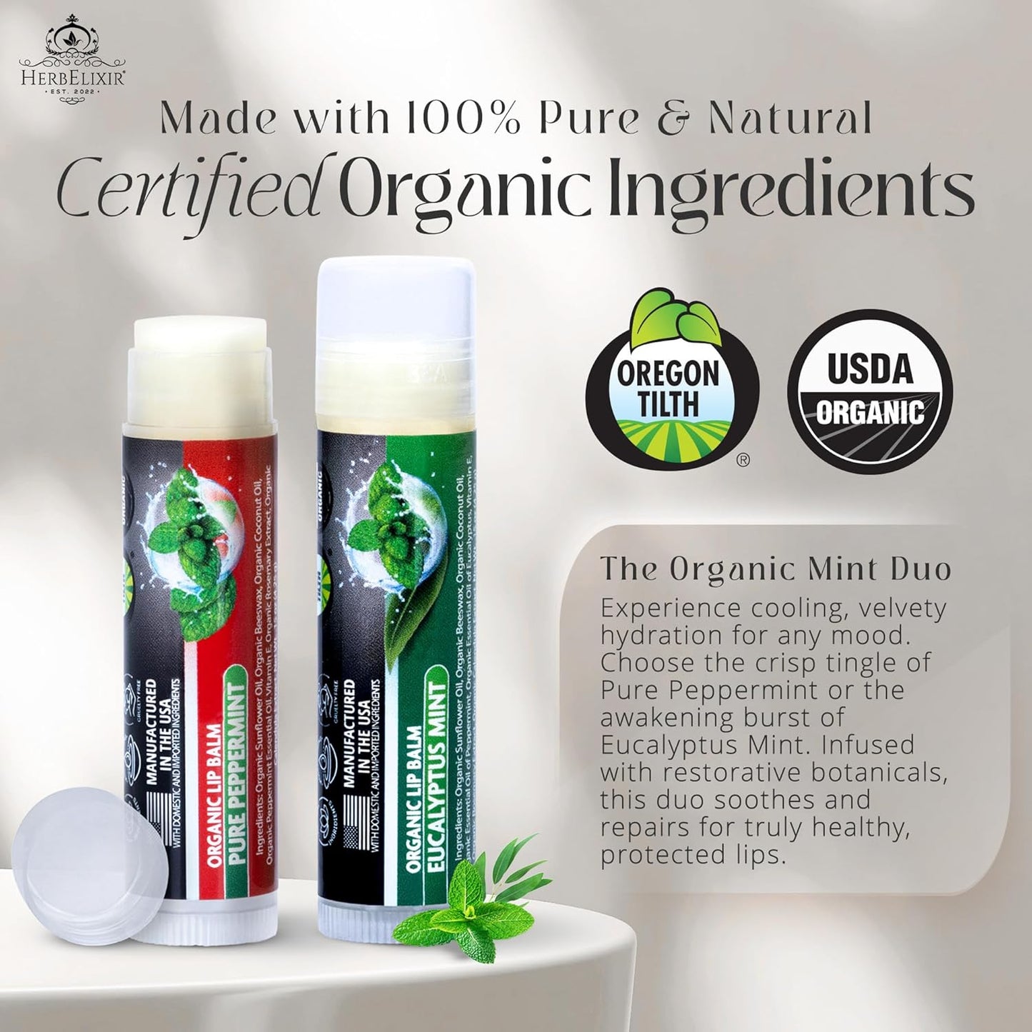 Organic Lip Balm Variety Pack | 4 Pack Peppermint & Eucalyptus Mint Chapstick Set | Moisturizing for Dry Lips | For Men and Women