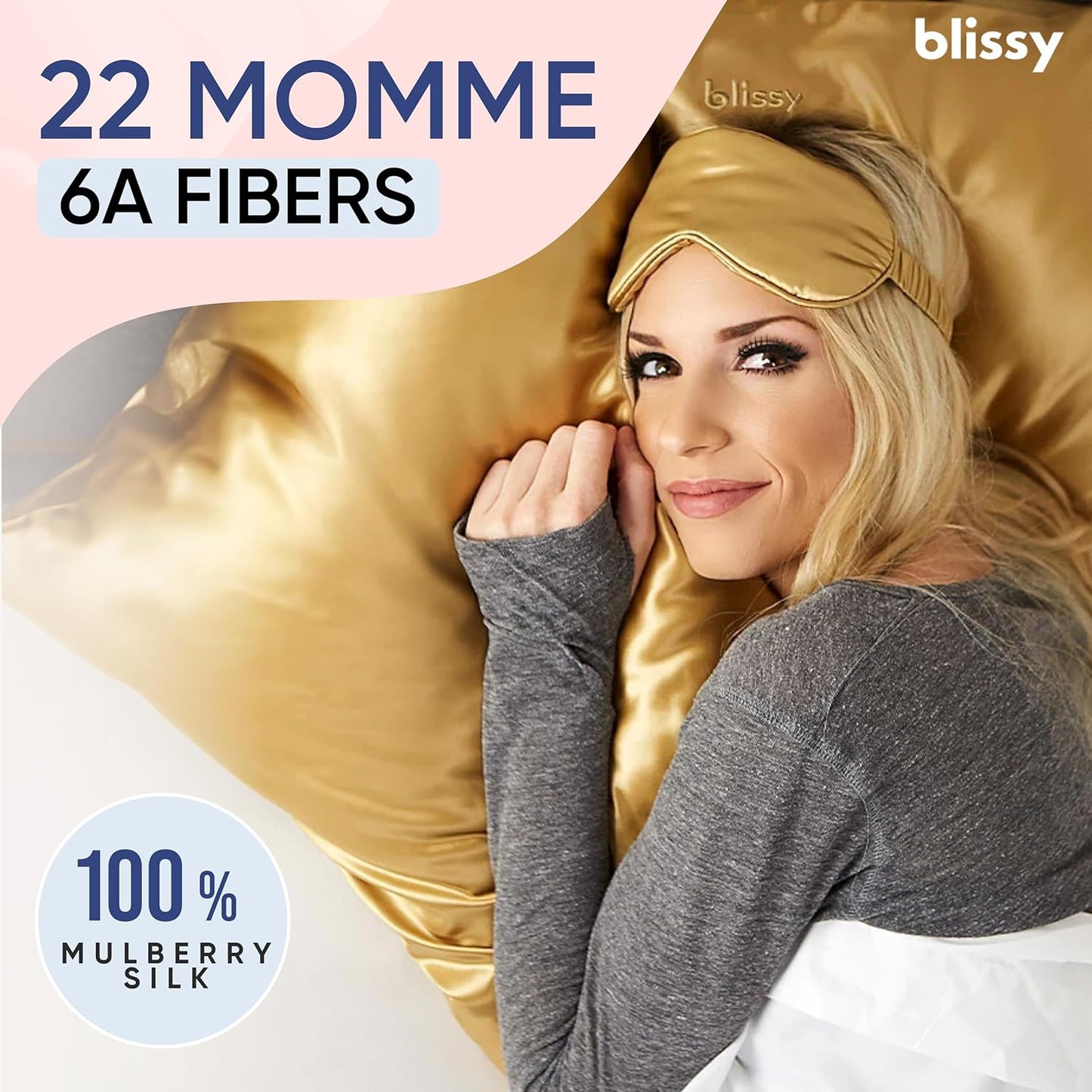 Blissy Silk Pillowcase - 100% Pure Mulberry Silk - 22 Momme 6A High-Grade Fibers - Silk Pillow Cover for Hair & Skin - Regular, Queen & King (Gold, Queen)
