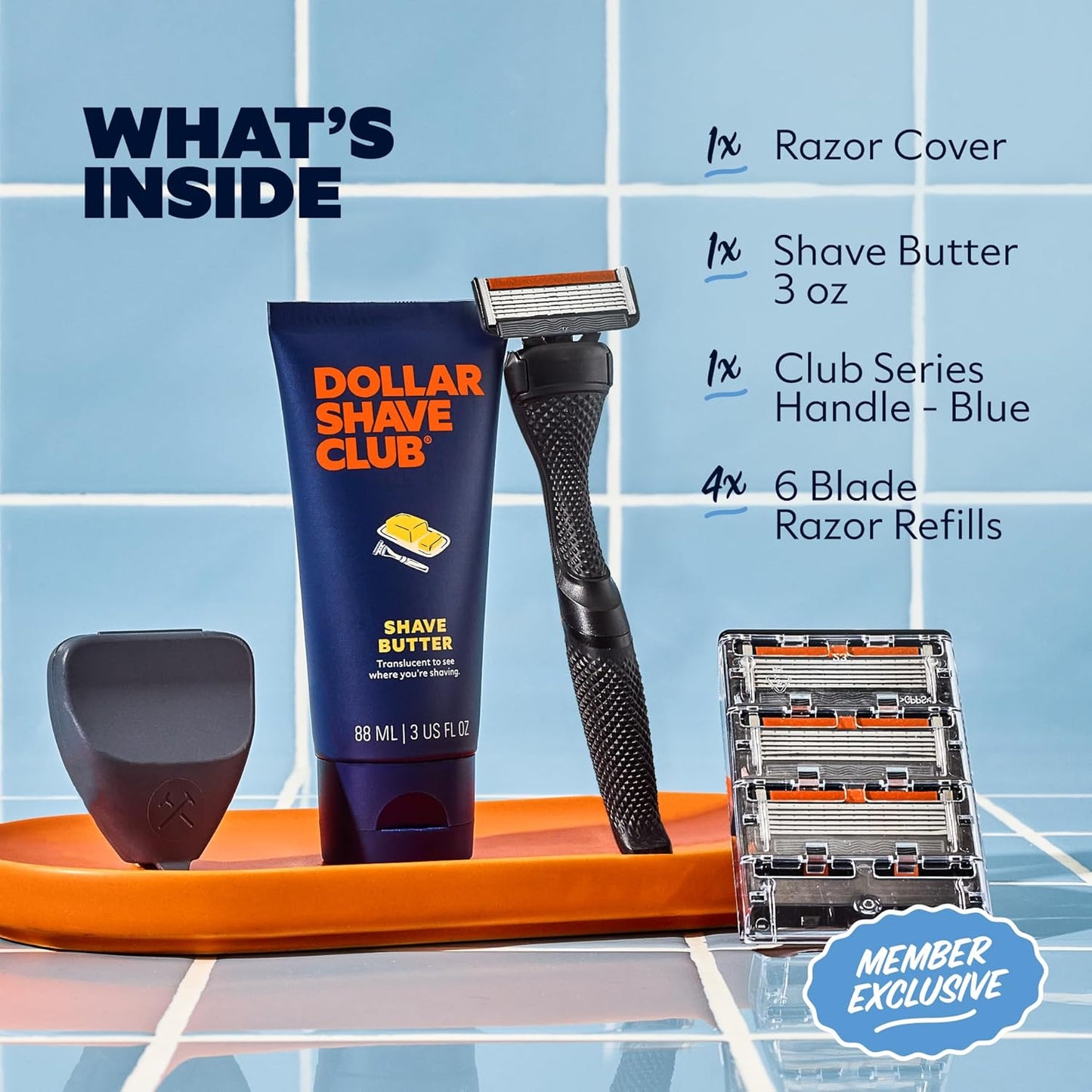 Dollar Shave Club | The Member Exclusive Shave Set | 4 Extra Close Refill Cartridges, 1 Handle (Black), 1 Shave Butter 3 ounce, 1 Razor Cover, Razors for Men