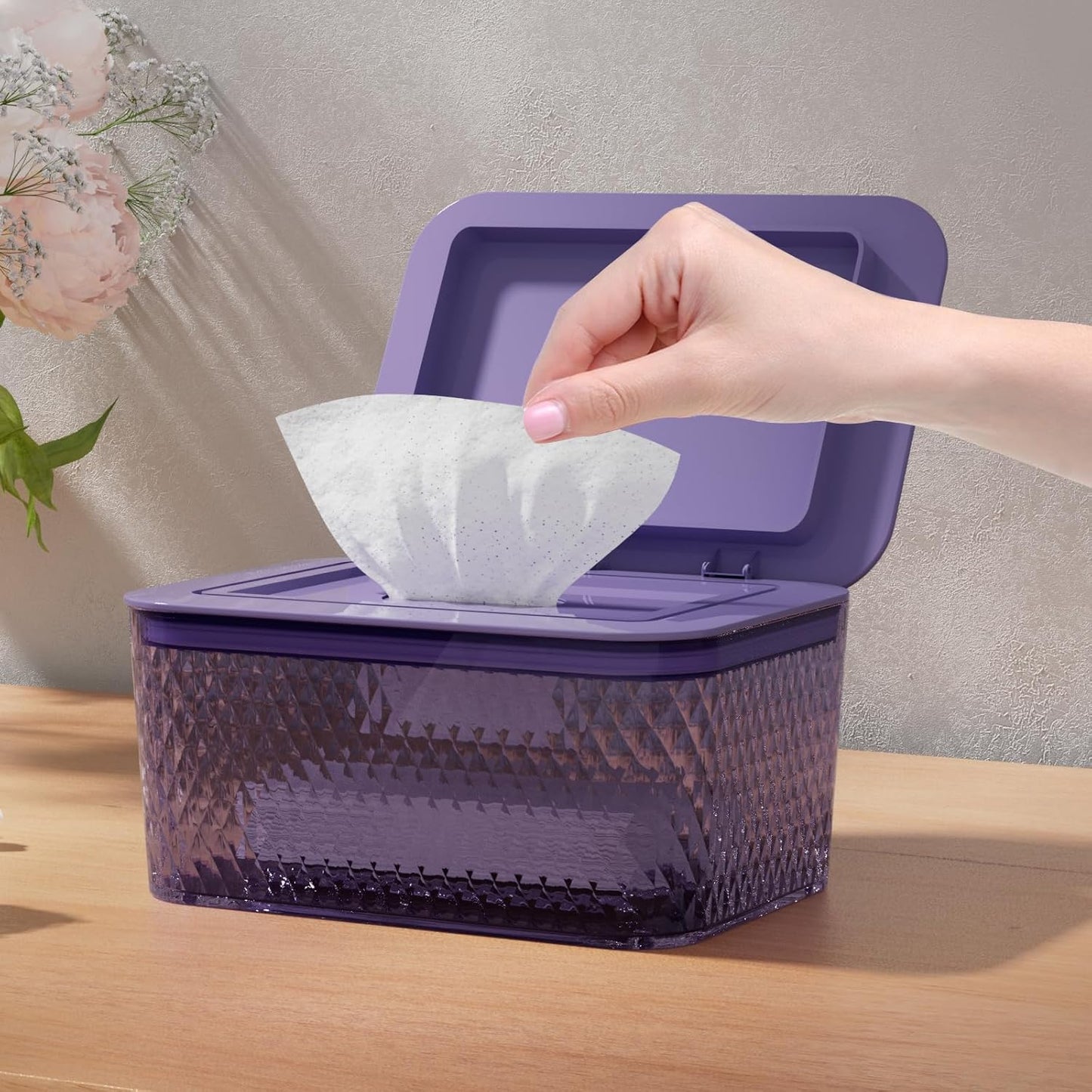 Wipes Dispenser, One-Handed Operation Wipe Holder for Baby & Adult, Seal-Designed Wipes Container for Bathroom Keep Diaper Wipes Fresh (Purple)