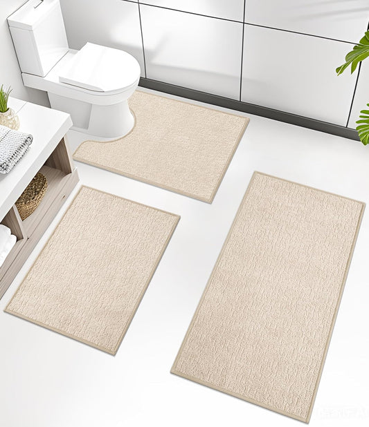 chakme Bathroom Rug Sets 3 Piece, Ultra Thin Bath Mat Quick Dry Bath Mat, Absorbent Bath Mats for Bathroom Non Slip Machine Washable, (Light Beige)