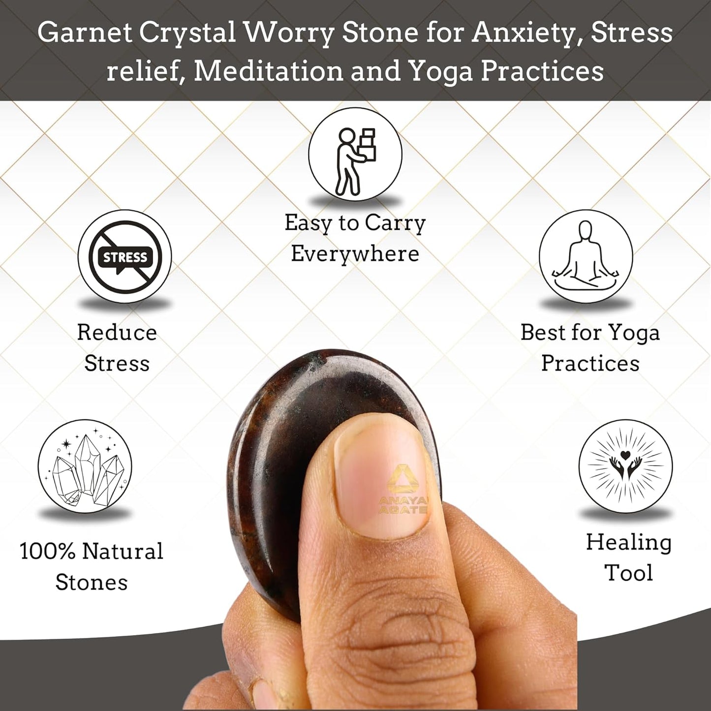 Garnet Worry Stones – Crystal Thumb Worry Stone for Anguish, Stress – Relaxing and Soothing Balance Stones for Meditation, Stress Relief – Healing Stones and Crystals for Men and Women