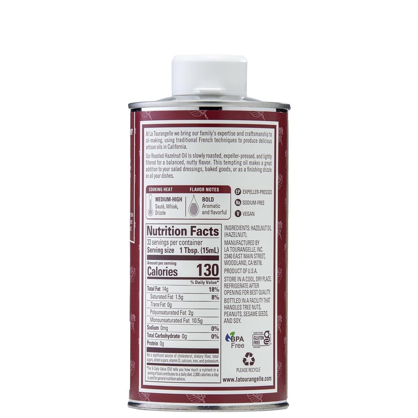 La Tourangelle Roasted Hazelnut Oil, High-Oleic Oil Great for Baking, Stir-Frying, and Vinaigrettes, 16.9 Fl Oz