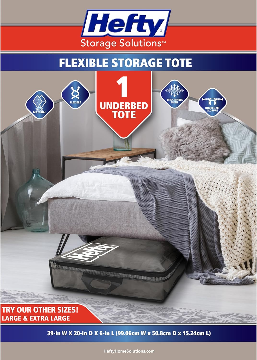 Hefty Underbed Flexible Tote with Breathable Mesh, Double Zipper, 2 Handles – Ideal for Moving or Clothes & Apparel Storage, Alternative to Plastic Bin, Organizer or Container