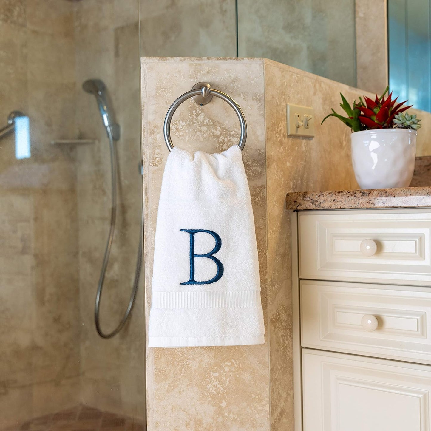 Monogrammed Hand Towels for Bathroom - Luxury Hotel Quality Personalized Initial Decorative Embroidered Bath Towel for Powder Room, Spa - GOTS Organic Certified - Set of 2 Navy Letter B