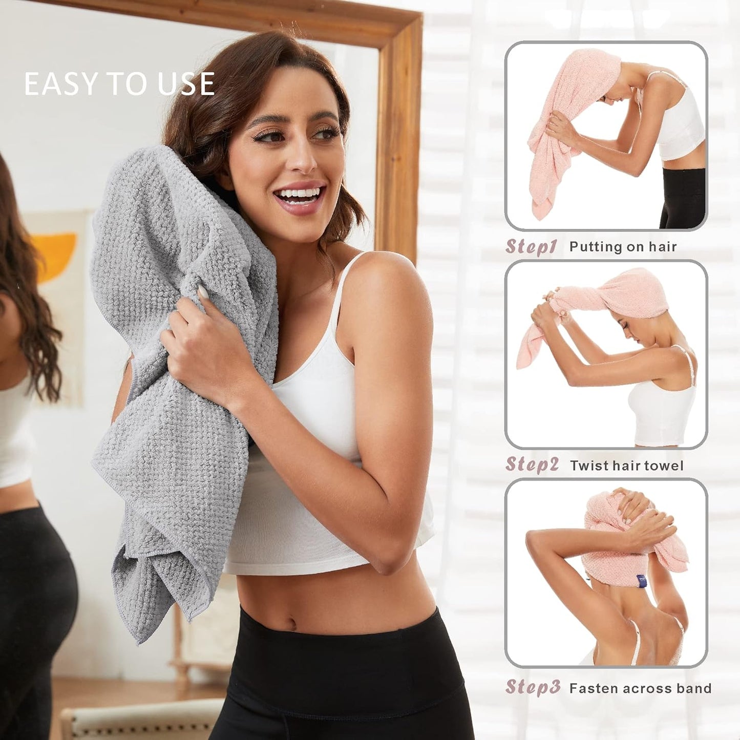 Large Microfiber Hair Towel Wrap for Women, Anti Frizz Hair Drying Towel with Elastic Strap, Fast Dry | Super Absorbent | Quick Dry Hair Turban for Wet, Curly, Long & Thick Hair -Gray